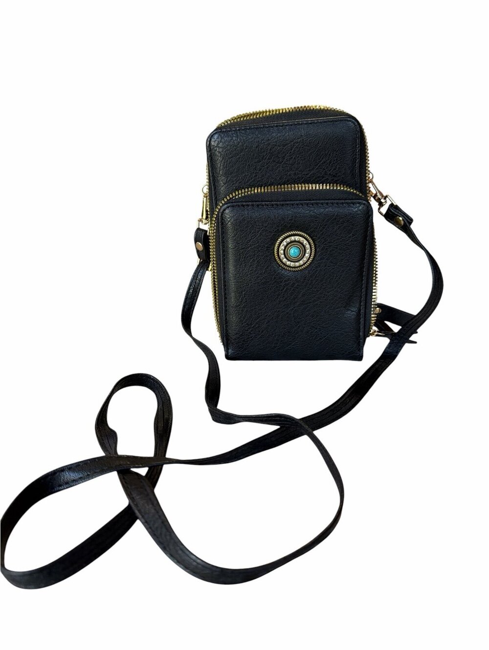 Black crossbody phone bag with gold zipper and turquoise accent